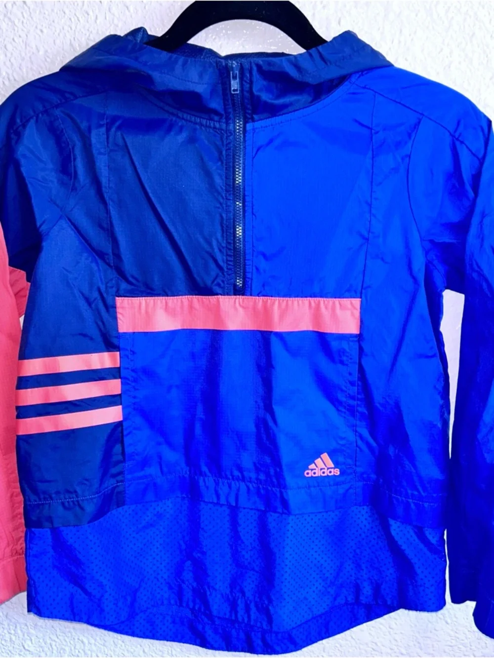 adidas Navy and Royal Blue Pullover Windbreaker with Pink Stripe Accents